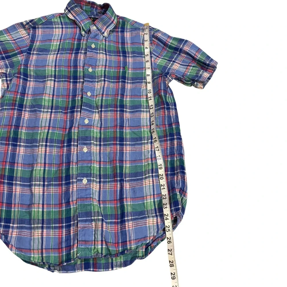 Ralph Lauren Mens S Short Sleeve 100% Linen Plaid Button Down‎ Shirt Blue Green